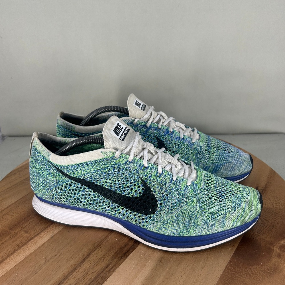 Nike Flyknit Racer Mens Size 12 Blue Green Running Shoes 526628-104 Lightweight